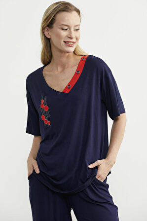 V Yaka Renk Kombinli Penye Takım - Lacivert