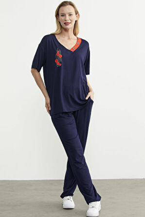V Yaka Renk Kombinli Penye Takım - Lacivert