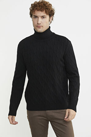 Tam Balıkçı Saç Örgü Triko Kazak - Siyah