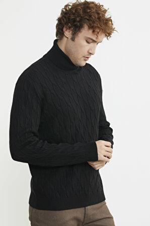 Tam Balıkçı Saç Örgü Triko Kazak - Siyah