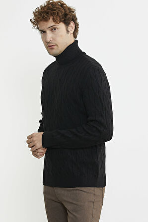 Tam Balıkçı Saç Örgü Triko Kazak - Siyah