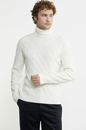 Tam Balıkçı Saç Örgü Triko Kazak - Kemik