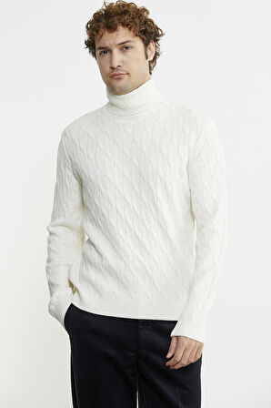 Tam Balıkçı Saç Örgü Triko Kazak - Kemik