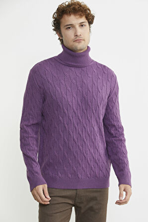 Tam Balıkçı Saç Örgü Triko Kazak - Lila