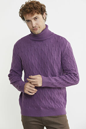 Tam Balıkçı Saç Örgü Triko Kazak - Lila