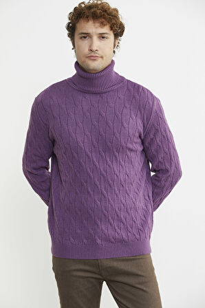 Tam Balıkçı Saç Örgü Triko Kazak - Lila