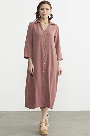 Rahat Kalıp Midi Boy Düğmeli Elbise - Gül