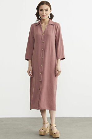 Rahat Kalıp Midi Boy Düğmeli Elbise - Gül