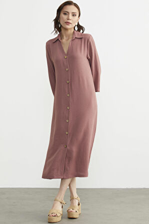 Rahat Kalıp Midi Boy Düğmeli Elbise - Gül