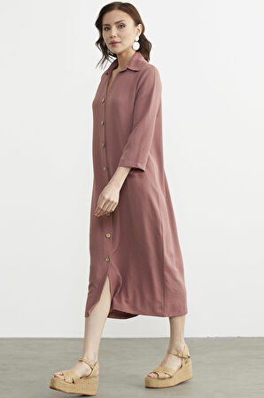 Rahat Kalıp Midi Boy Düğmeli Elbise - Gül