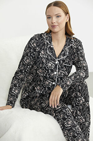 Gömlek Yaka Düğmeli Pijama Takım - Siyah