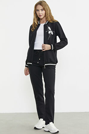 Fermuarlı Triko Kombinli Eşofman Takım - Siyah