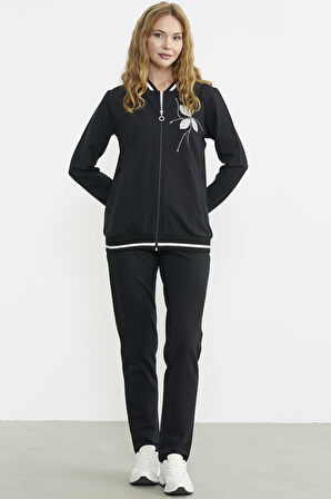 Fermuarlı Triko Kombinli Eşofman Takım - Siyah