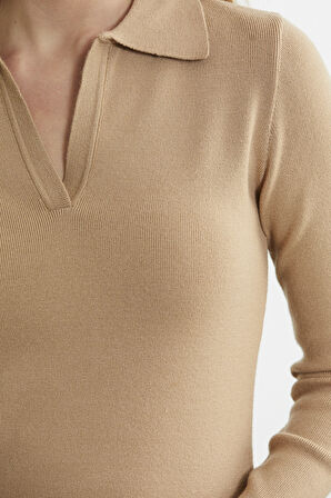 Patlı Polo Yaka Basic Triko Elbise - Bej