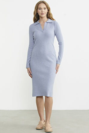 Patlı Polo Yaka Basic Triko Elbise - Mavi