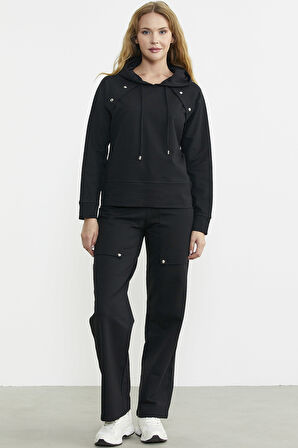 Kapüşonlu Oversize Eşofman Takım - Siyah
