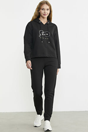 Baskı Detaylı Kapüşonlu Eşofman Takım - Siyah