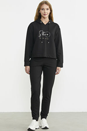 Baskı Detaylı Kapüşonlu Eşofman Takım - Siyah