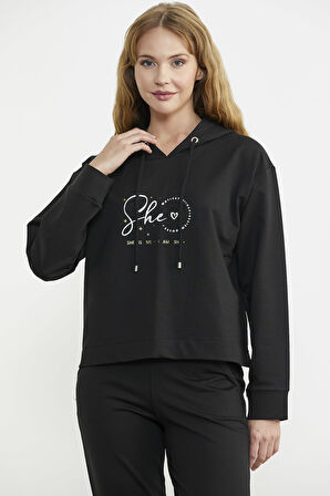 Baskı Detaylı Kapüşonlu Eşofman Takım - Siyah