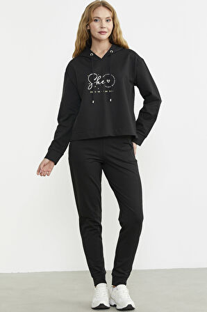 Baskı Detaylı Kapüşonlu Eşofman Takım - Siyah