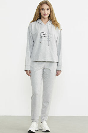 Baskı Detaylı Kapüşonlu Eşofman Takım - Gri