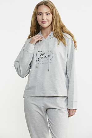 Baskı Detaylı Kapüşonlu Eşofman Takım - Gri