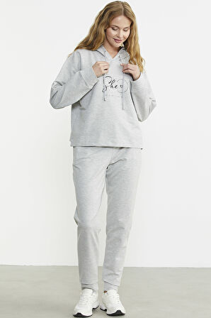 Baskı Detaylı Kapüşonlu Eşofman Takım - Gri
