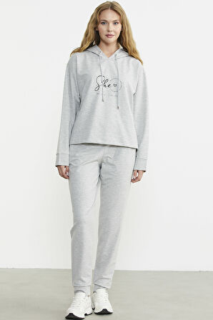Baskı Detaylı Kapüşonlu Eşofman Takım - Gri