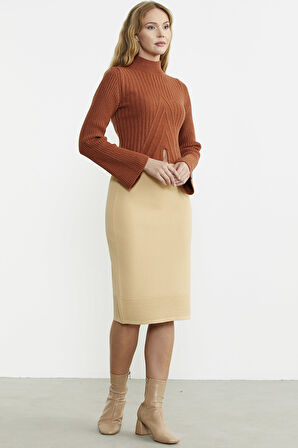 Beli Lastikli Diz Boy Triko Etek - Bej