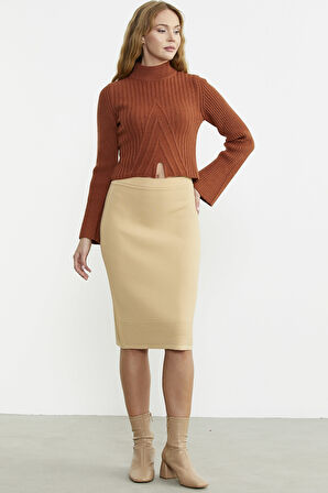 Beli Lastikli Diz Boy Triko Etek - Bej