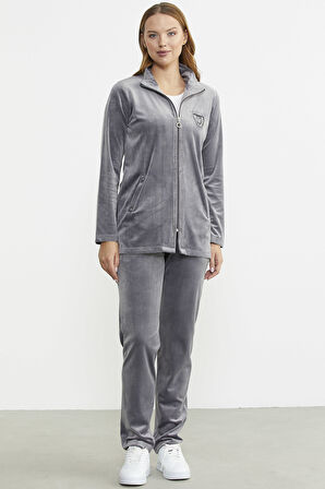 Kadife Dik Yaka Tunik Eşofman Takım - Gri