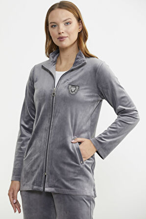 Kadife Dik Yaka Tunik Eşofman Takım - Gri