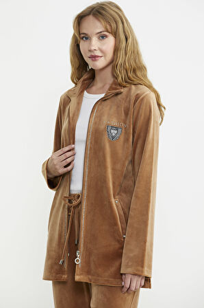 Kadife Dik Yaka Tunik Eşofman Takım - Vizon