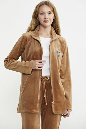 Kadife Dik Yaka Tunik Eşofman Takım - Vizon