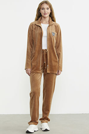 Kadife Dik Yaka Tunik Eşofman Takım - Vizon