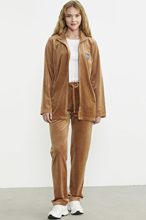 Kadife Dik Yaka Tunik Eşofman Takım - Vizon