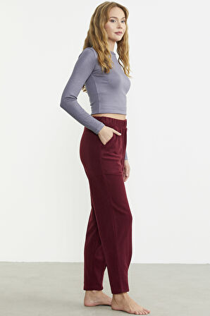 Paça Detaylı Polar Eşofman Altı - Bordo