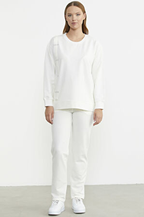 Taş Detaylı Sıfır Yaka  Eşofman Takım - Ekru