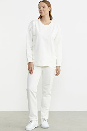 Taş Detaylı Sıfır Yaka  Eşofman Takım - Ekru