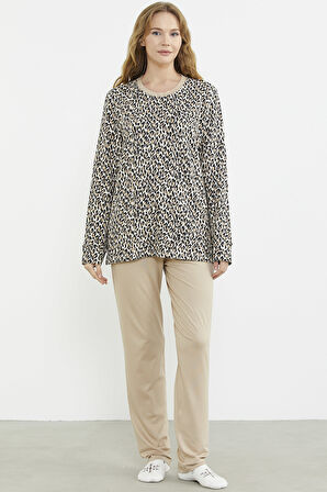 Rahat Kalıp Leopar Kombinli Pijama Takım - Bej