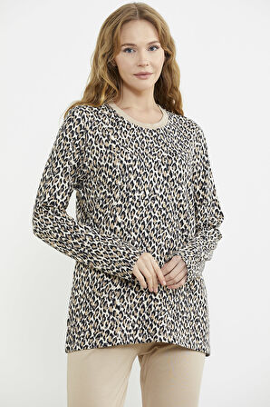 Rahat Kalıp Leopar Kombinli Pijama Takım - Bej