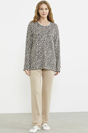 Rahat Kalıp Leopar Kombinli Pijama Takım - Bej