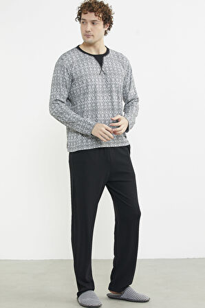 Sıfır Yaka Desenli Rahat Kalıp Pijama Takım - Antrasit