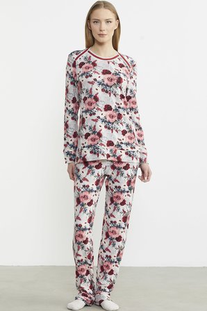 Çiçek Desenli Yumuşak Dokulu Pijama Takım - Kırmızı