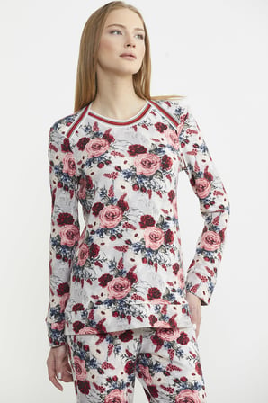 Çiçek Desenli Yumuşak Dokulu Pijama Takım - Kırmızı