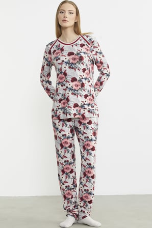 Çiçek Desenli Yumuşak Dokulu Pijama Takım - Kırmızı
