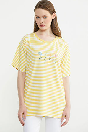 25Y2231-60083 SEMENTA ÇİZGİLİ NAKIŞ DETAYLI TSHIRT