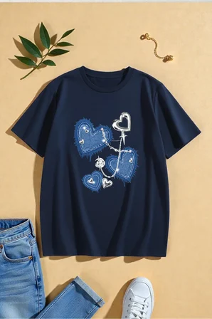 Unisex Kalp Baskılı Tasarım Tshirt