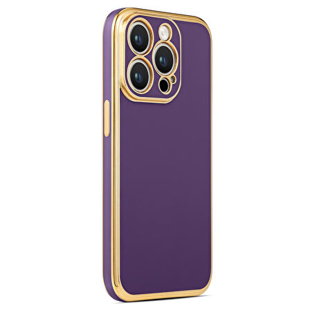 iPhone 14 Pro ile uyumlu Kılıf Gold Kenar Pastel Renkli Halcyon Z-Bark Kapak Derin Mor