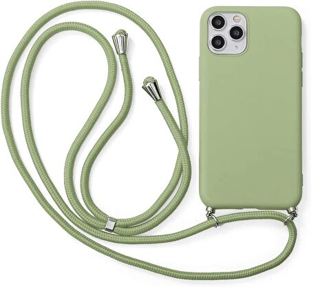 iPhone 12 Pro ile uyumlu İpli Boyun Askılı Silikon Kılıf Kadife iç Yüzeyli Epiphany Kılıf Yeşil